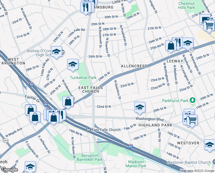 map of restaurants, bars, coffee shops, grocery stores, and more near 2319 North Roosevelt Street in Arlington