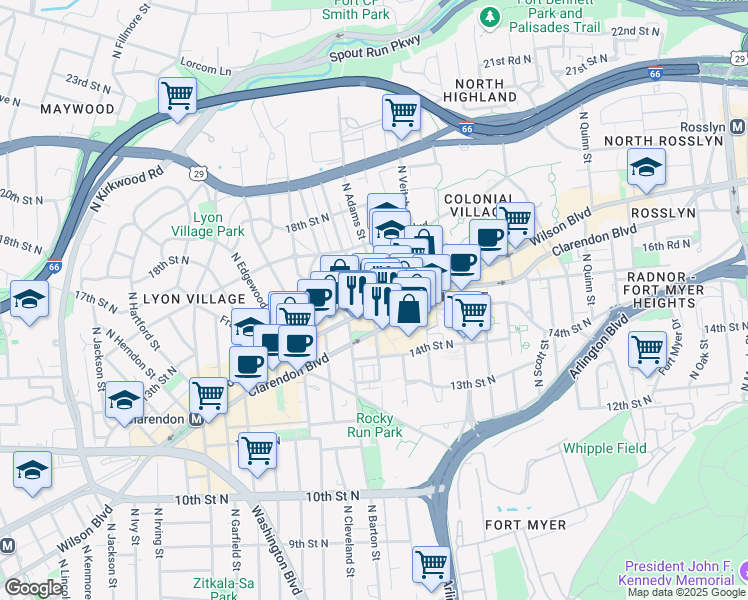map of restaurants, bars, coffee shops, grocery stores, and more near 2401 Wilson Boulevard in Arlington
