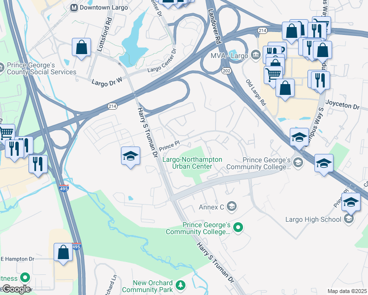 map of restaurants, bars, coffee shops, grocery stores, and more near 102 Steeplechase Way in Largo