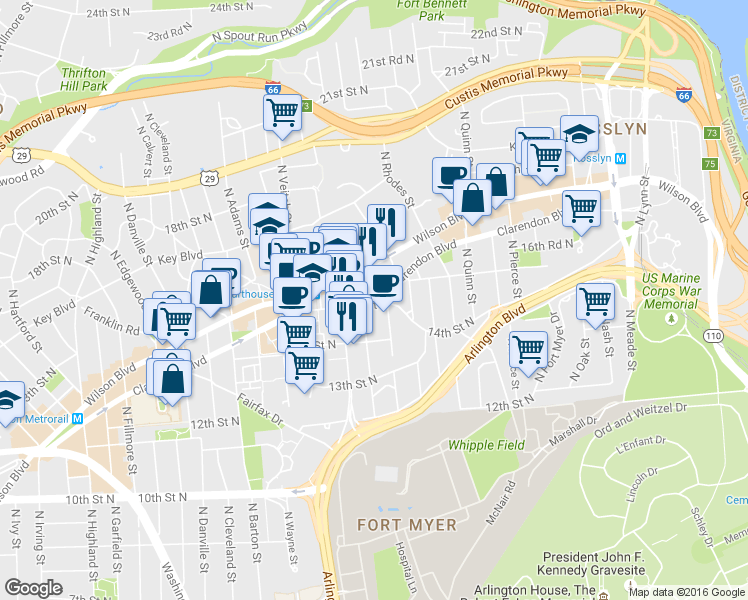 map of restaurants, bars, coffee shops, grocery stores, and more near 2000 15th Street North in Arlington
