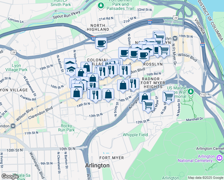 map of restaurants, bars, coffee shops, grocery stores, and more near 1512 North Scott Street in Arlington