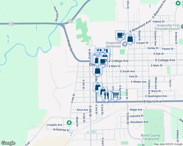 map of restaurants, bars, coffee shops, grocery stores, and more near 202 South 3rd Street in Greenville
