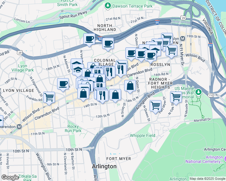 map of restaurants, bars, coffee shops, grocery stores, and more near 2001 15th Street North in Arlington