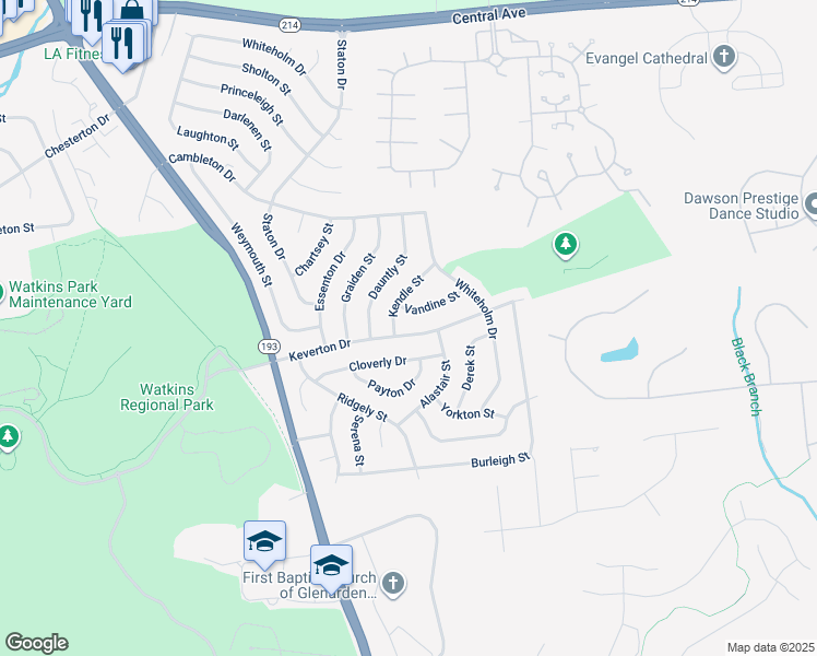map of restaurants, bars, coffee shops, grocery stores, and more near 13108 Keverton Drive in Upper Marlboro