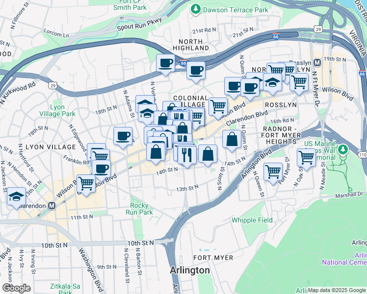 map of restaurants, bars, coffee shops, grocery stores, and more near 1515 North Courthouse Road in Arlington
