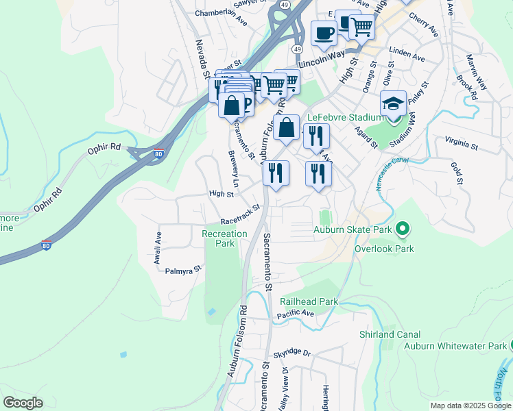 map of restaurants, bars, coffee shops, grocery stores, and more near 201 Racetrack Street in Auburn