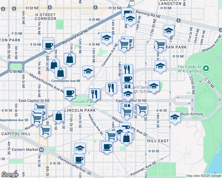 map of restaurants, bars, coffee shops, grocery stores, and more near 101 Independence Avenue Southeast in Washington