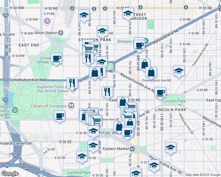 map of restaurants, bars, coffee shops, grocery stores, and more near 101 Independence Avenue Southeast in Washington