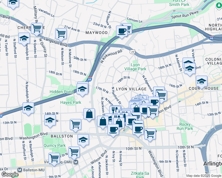 map of restaurants, bars, coffee shops, grocery stores, and more near 1708 North Hartford Street in Arlington