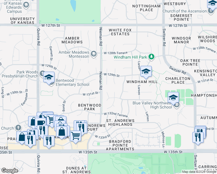 map of restaurants, bars, coffee shops, grocery stores, and more near 13004 Bluejacket Street in Overland Park