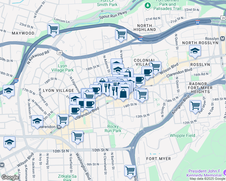 map of restaurants, bars, coffee shops, grocery stores, and more near 2401 Wilson Boulevard in Arlington