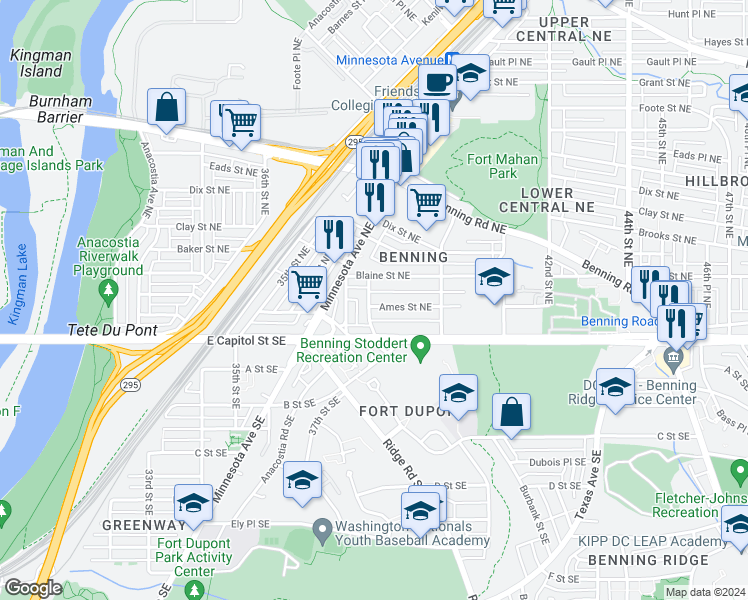 map of restaurants, bars, coffee shops, grocery stores, and more near 3902 Ames Street Northeast in Washington