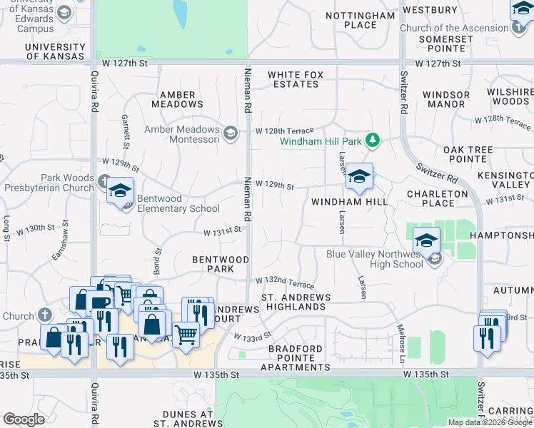 map of restaurants, bars, coffee shops, grocery stores, and more near 13004 Bluejacket Street in Overland Park