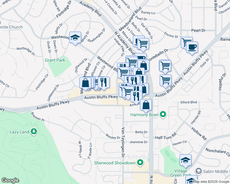 map of restaurants, bars, coffee shops, grocery stores, and more near 3605 Austin Bluffs Parkway in Colorado Springs