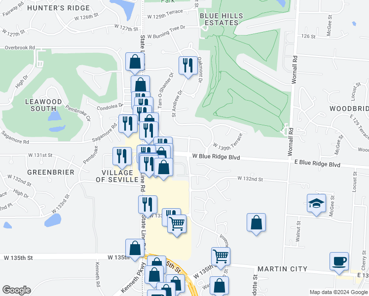 map of restaurants, bars, coffee shops, grocery stores, and more near 800 W Blue Ridge Blvd in Kansas City
