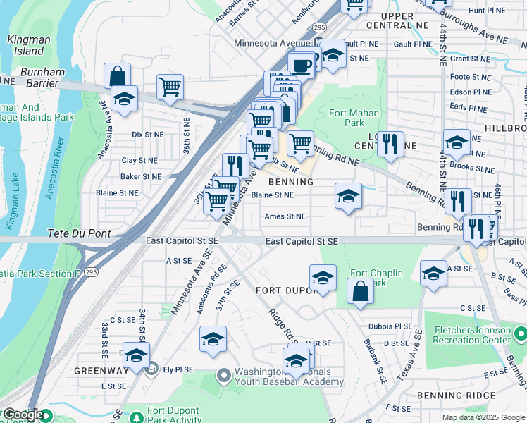 map of restaurants, bars, coffee shops, grocery stores, and more near 3902 Ames Street Northeast in Washington