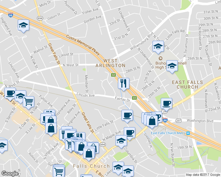 map of restaurants, bars, coffee shops, grocery stores, and more near 2726 North Wyoming Street in Arlington