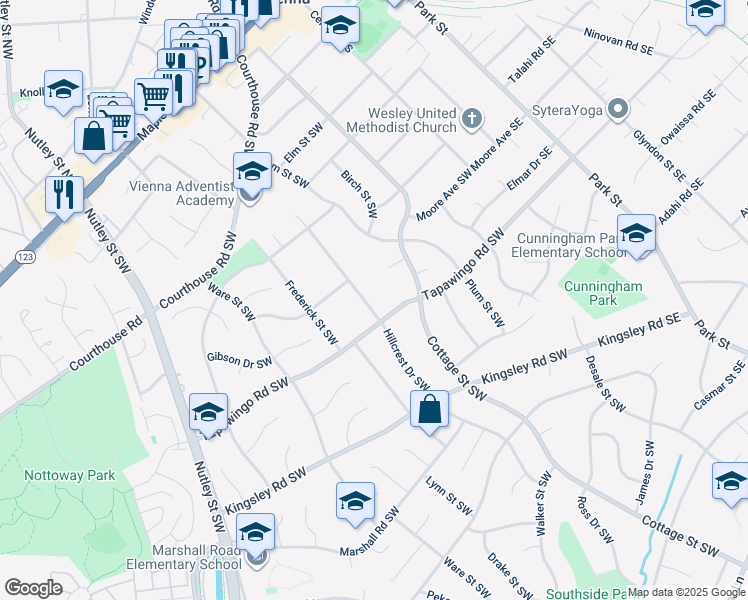 map of restaurants, bars, coffee shops, grocery stores, and more near 717 Hillcrest Drive Southwest in Vienna