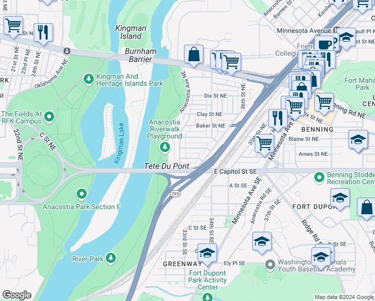 map of restaurants, bars, coffee shops, grocery stores, and more near 3319 Alden Place Northeast in Washington