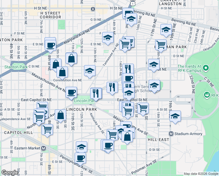 map of restaurants, bars, coffee shops, grocery stores, and more near 101 Independence Avenue Southeast in Washington