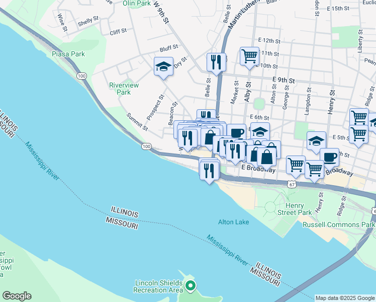 map of restaurants, bars, coffee shops, grocery stores, and more near 206 State Street in Alton