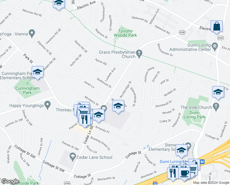 map of restaurants, bars, coffee shops, grocery stores, and more near 2429 Cedar Lane in Vienna