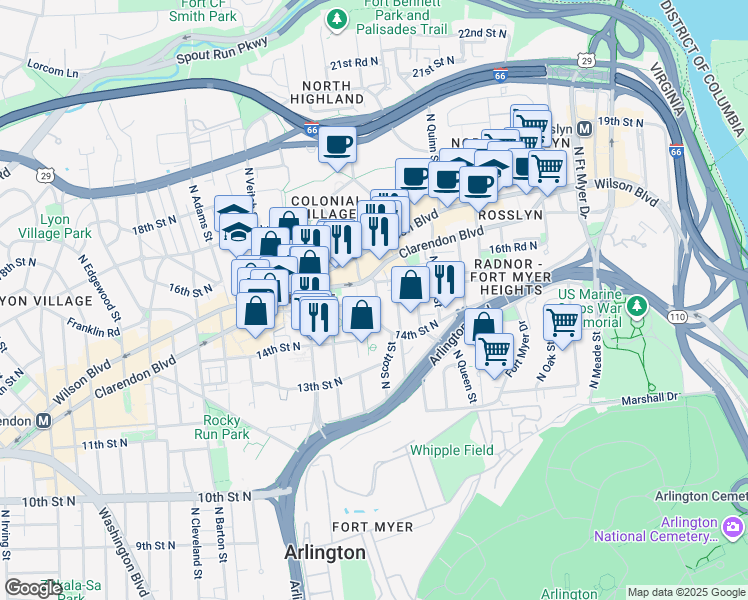 map of restaurants, bars, coffee shops, grocery stores, and more near 1512 North Scott Street in Arlington