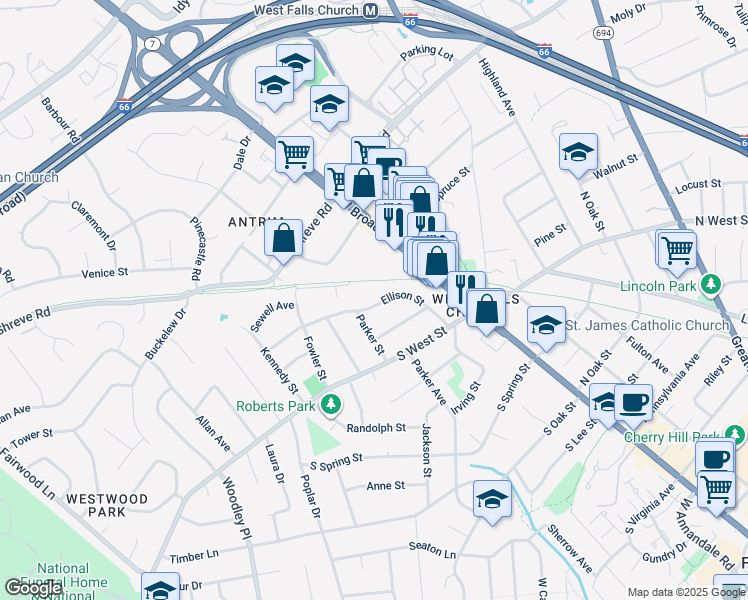 map of restaurants, bars, coffee shops, grocery stores, and more near 1218 Ellison Street in Falls Church