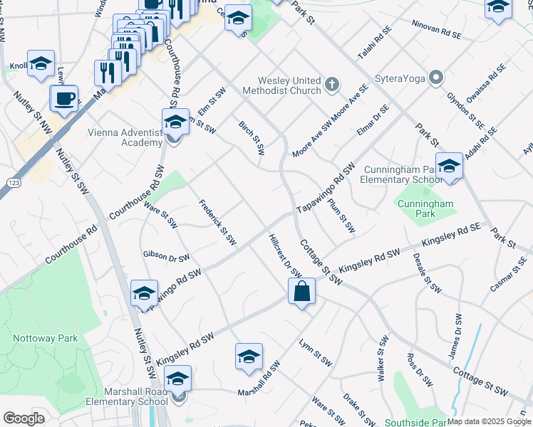 map of restaurants, bars, coffee shops, grocery stores, and more near 717 Hillcrest Drive Southwest in Vienna