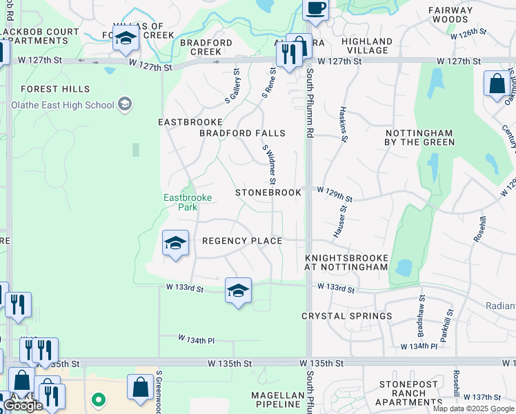 map of restaurants, bars, coffee shops, grocery stores, and more near 13902 West 130th Terrace in Olathe