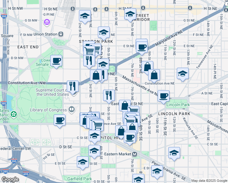 map of restaurants, bars, coffee shops, grocery stores, and more near 516 A Street Northeast in Washington
