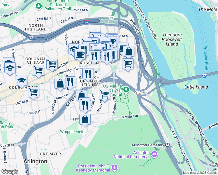 map of restaurants, bars, coffee shops, grocery stores, and more near 1423 North Nash Street in Arlington