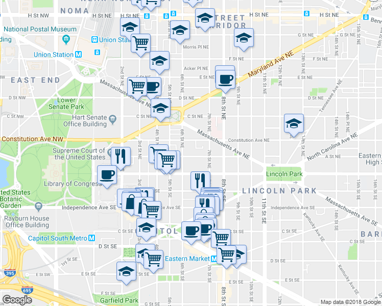 map of restaurants, bars, coffee shops, grocery stores, and more near 612 A Street Northeast in Washington