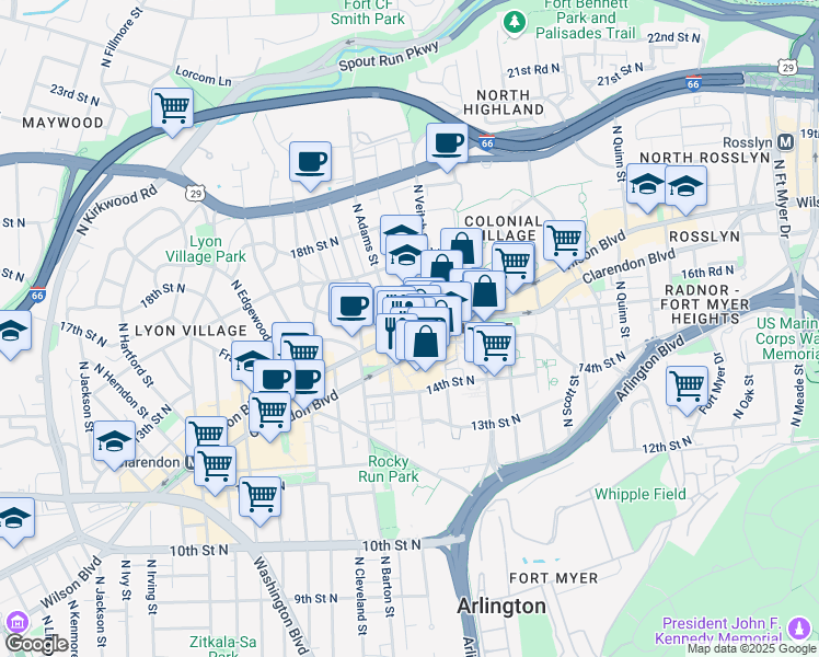 map of restaurants, bars, coffee shops, grocery stores, and more near 2311 Wilson Boulevard in Arlington