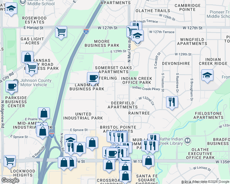 map of restaurants, bars, coffee shops, grocery stores, and more near 597 North Somerset Terrace in Olathe