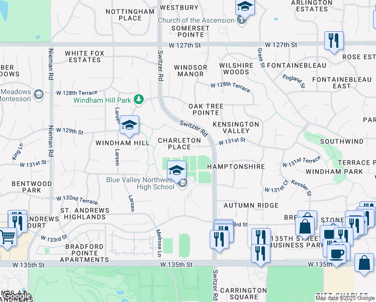 map of restaurants, bars, coffee shops, grocery stores, and more near 10405 West 131st Street in Overland Park