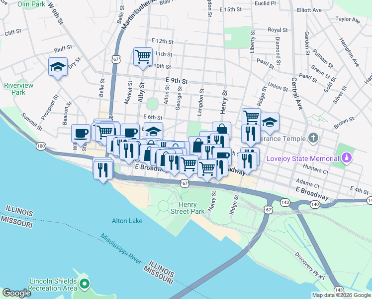 map of restaurants, bars, coffee shops, grocery stores, and more near 439 East 3rd Street in Alton