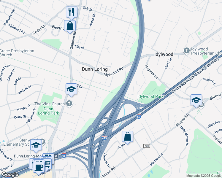map of restaurants, bars, coffee shops, grocery stores, and more near 7919 North Park Street in Dunn Loring