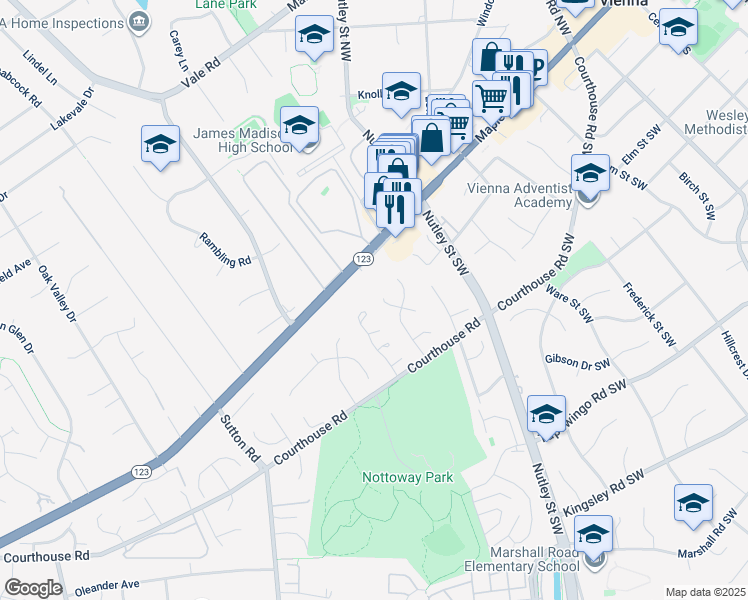 map of restaurants, bars, coffee shops, grocery stores, and more near 2587 Plum Tree Court in Vienna