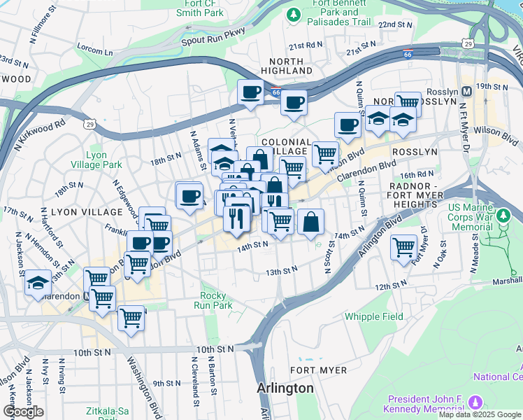 map of restaurants, bars, coffee shops, grocery stores, and more near 2055 15th Street North in Arlington