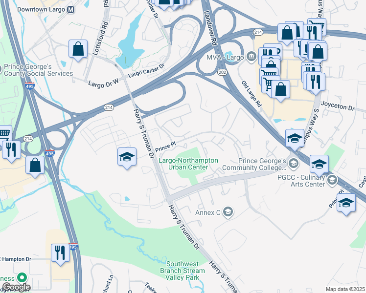 map of restaurants, bars, coffee shops, grocery stores, and more near 150 Steeplechase Way in Largo