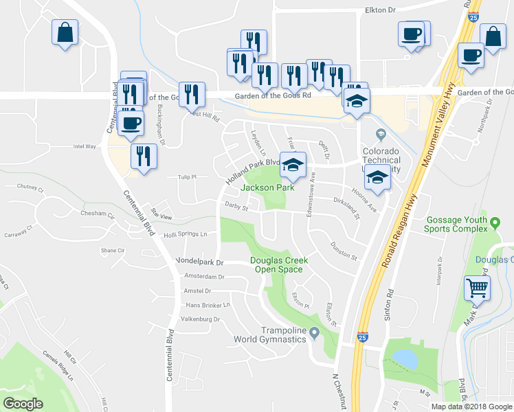 map of restaurants, bars, coffee shops, grocery stores, and more near 1125 Darby Street in Colorado Springs