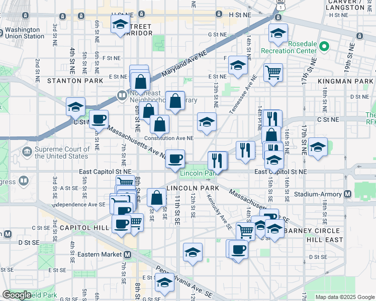map of restaurants, bars, coffee shops, grocery stores, and more near 101 Independence Avenue Southeast in Washington