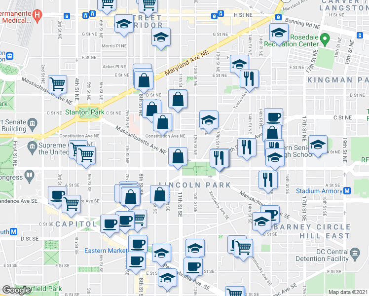 map of restaurants, bars, coffee shops, grocery stores, and more near 101 Independence Avenue Southeast in Washington