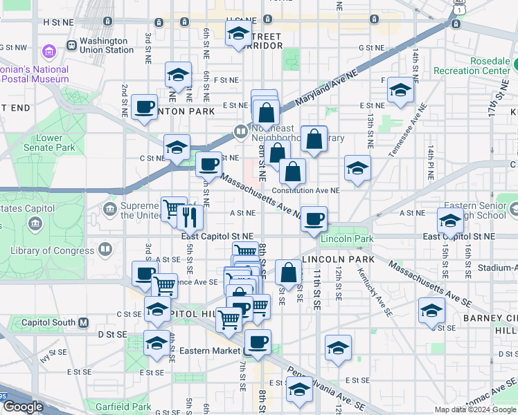 map of restaurants, bars, coffee shops, grocery stores, and more near 101 Independence Avenue Southeast in Washington