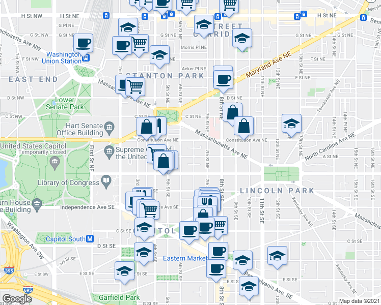 map of restaurants, bars, coffee shops, grocery stores, and more near 101 Independence Avenue Southeast in Washington
