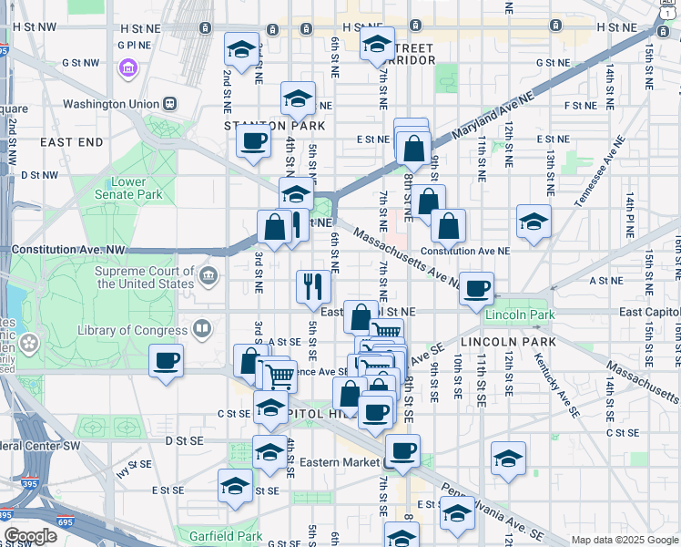 map of restaurants, bars, coffee shops, grocery stores, and more near 101 Independence Avenue Southeast in Washington
