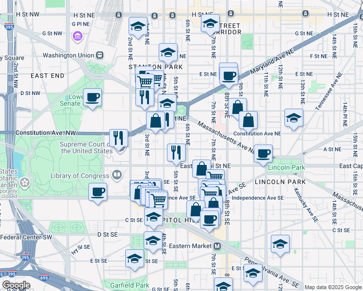map of restaurants, bars, coffee shops, grocery stores, and more near 101 Independence Avenue Southeast in Washington