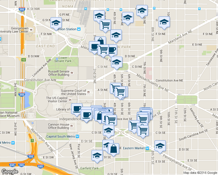 map of restaurants, bars, coffee shops, grocery stores, and more near 101 Independence Avenue Southeast in Washington