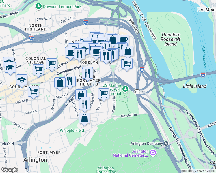 map of restaurants, bars, coffee shops, grocery stores, and more near 101 Independence Avenue Southeast in Washington